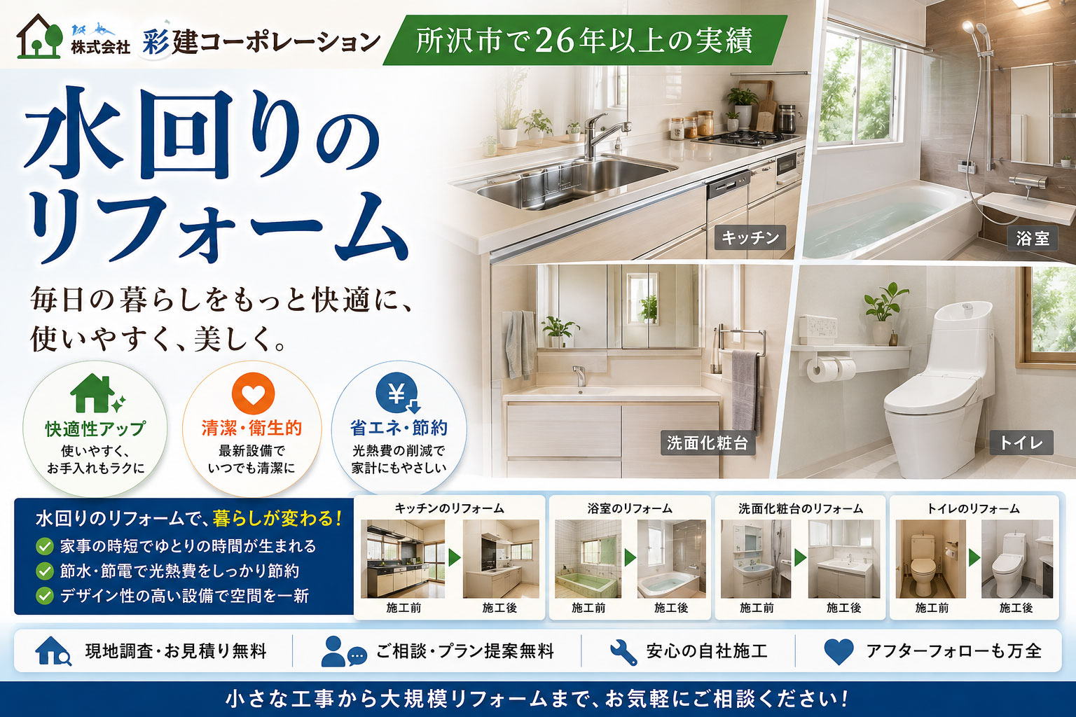 水回りのリフォームを所沢近郊でするなら地元の彩建コーポレーション