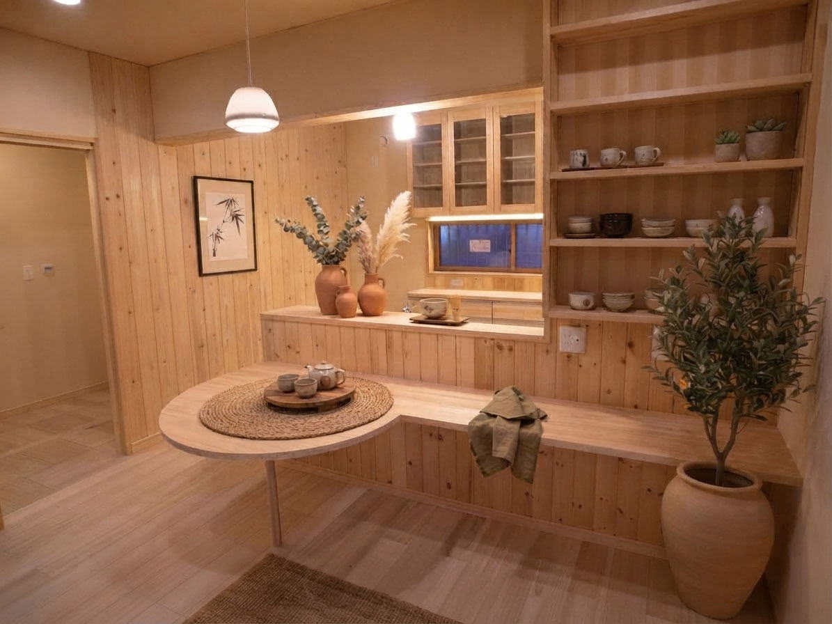 対面キッチンに丸形のカウンターテーブルを造作した事例写真　所沢市の彩建コーポレーション