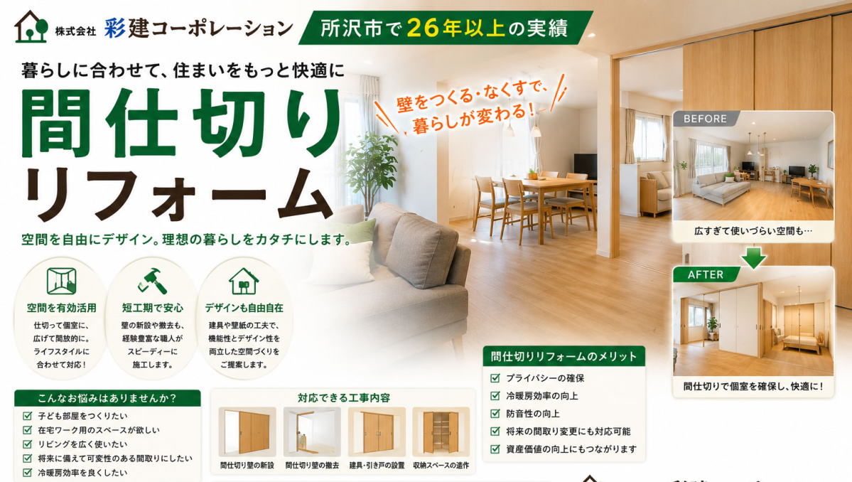 間仕切り新設や変更、撤去して２室を合体など間仕切りリフォーム