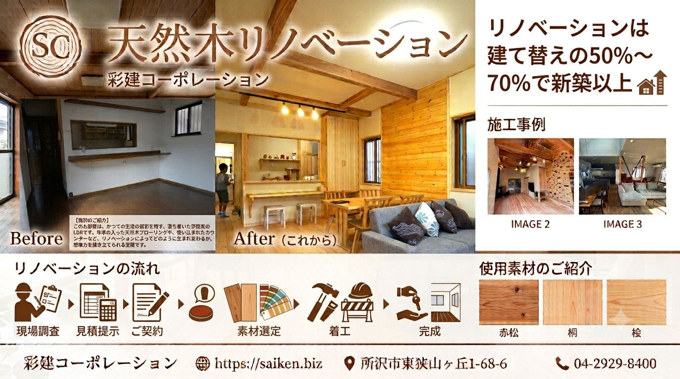 天然木のリノベーション　所沢市の彩建コーポレーション