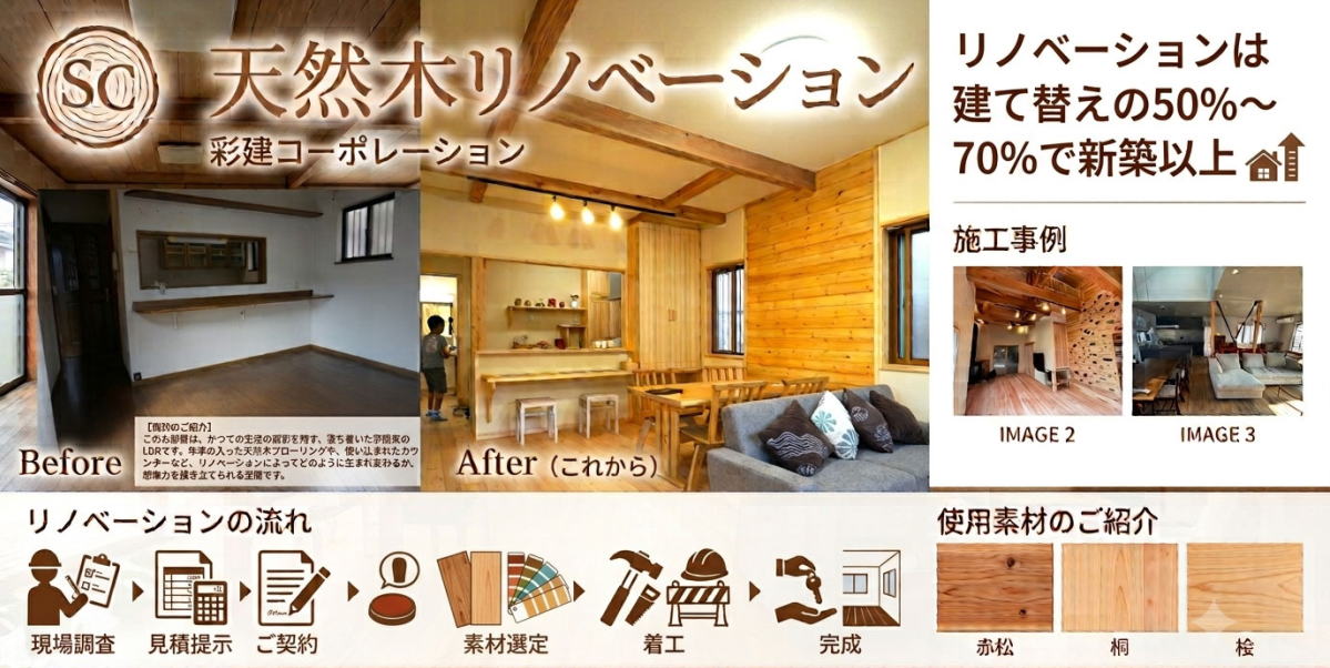 天然木のリノベーション　所沢市の彩建コーポレーション