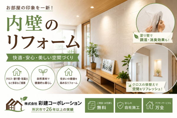 壁のリフォーム、珪藻土やクロスの張替えリフォームは所沢市の彩建コーポレーション